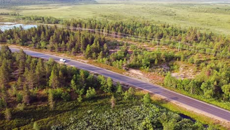 Solo-car-trip-on-desolate-long-calm-highway-lined-by-greenery