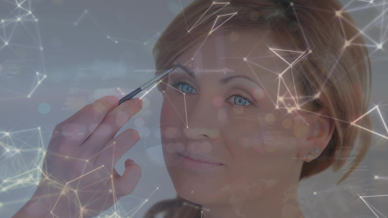 Animation of network of connections over caucasian woman in beauty salon