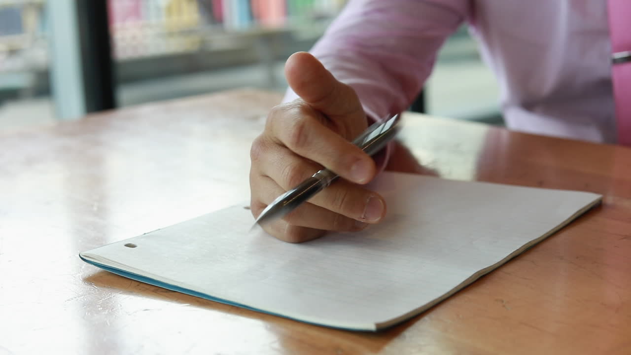 A close-up of a person's hand holding a pen over a blank notepad on a wooden table