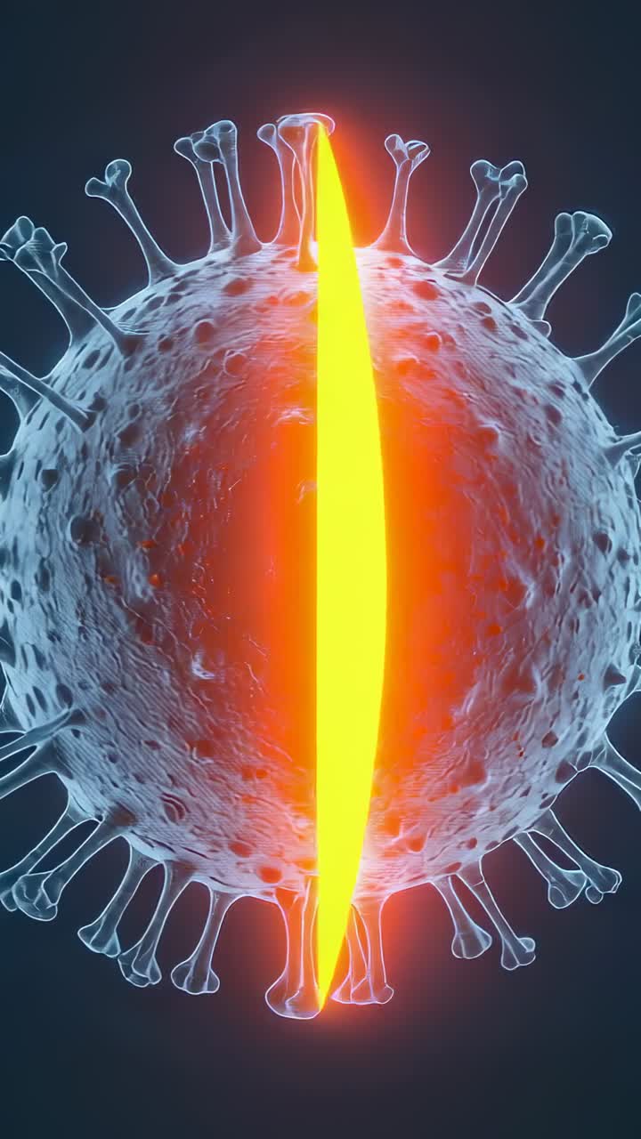 Video verticale: fessura arancione apparente che innesca un globo virale che allarga la banda in blu-verde acqua, che mostra il nucleo
