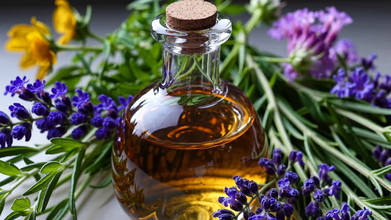 Close-up video angle of a glass bottle with golden liquid, surrounded by fresh lavender