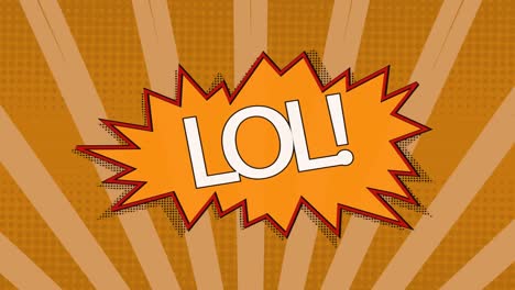 animation of vintage comic cartoon speech bubble with lol! text written on orange striped