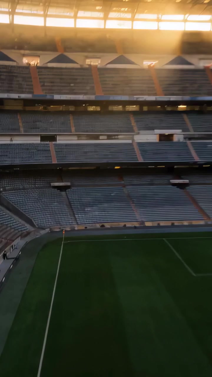 Video verticale: Telecamera in movimento che rivela il sole dello stadio che proietta ombre, entrando in un tunnel per inquadrare il campo da gioco.