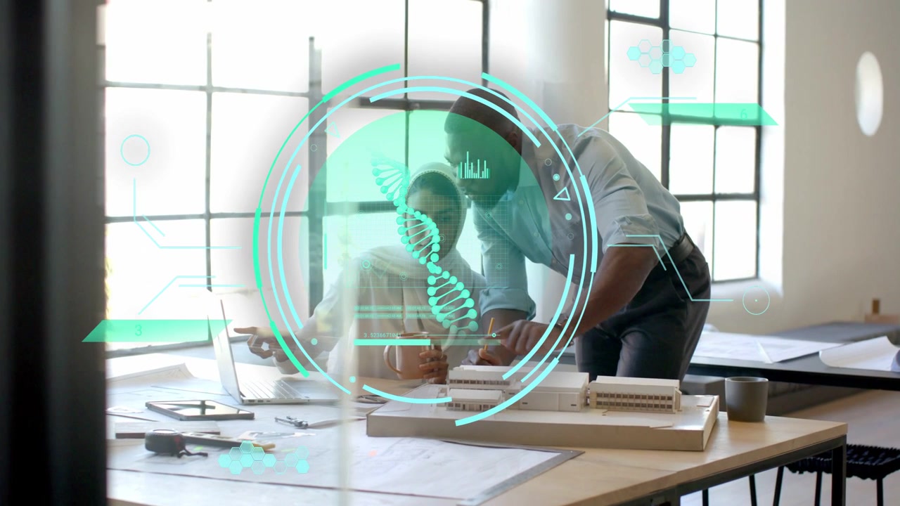Woman architect and man leaning, pointing and adjusting model while HUD updating for design review