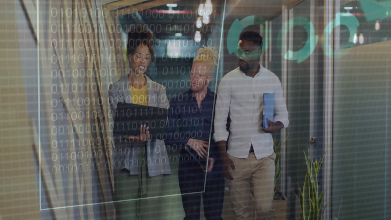 Animation of data processing over diverse business people in office