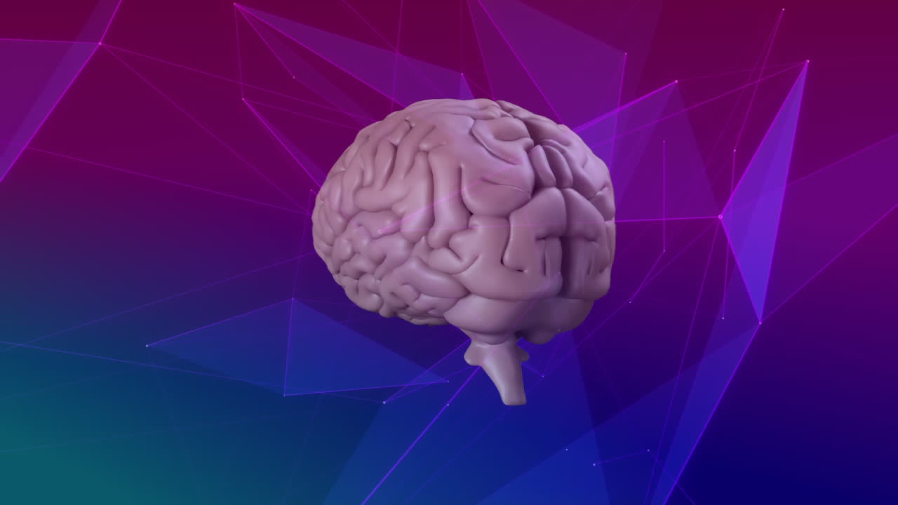 Digital animation showcases spinning brain on network background for medical tech.