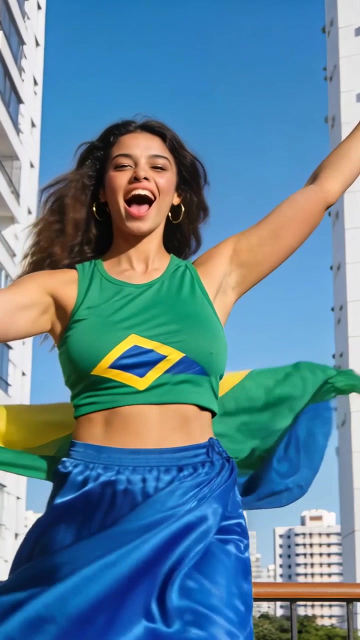 Vertikal video: Dansare i grön topp som snurrar på balkong, hörlurar spelar musik, brasiliansk flagga som vajar.
