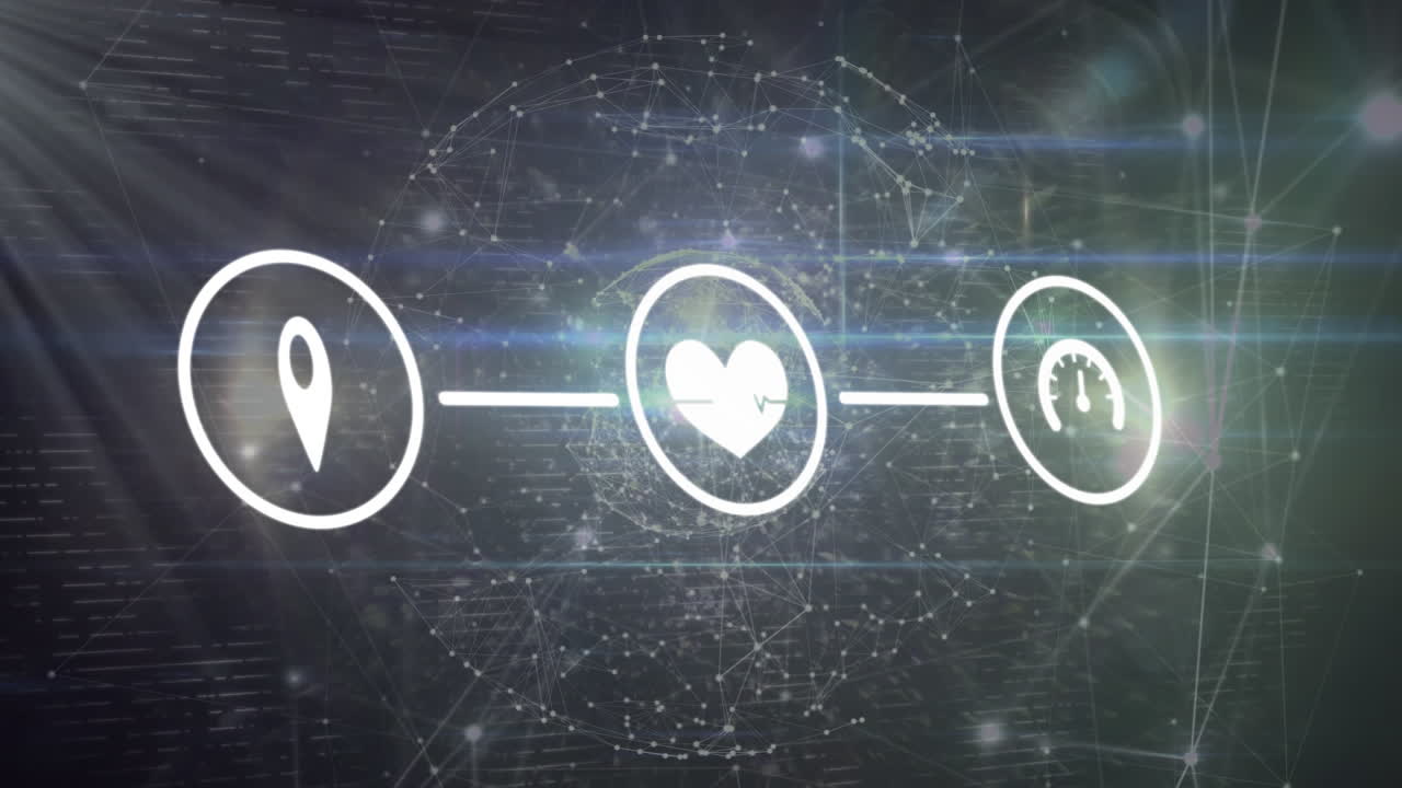 검은색 배경 위에 아이콘과 글로브로 연결된 네트워크의 애니메이션