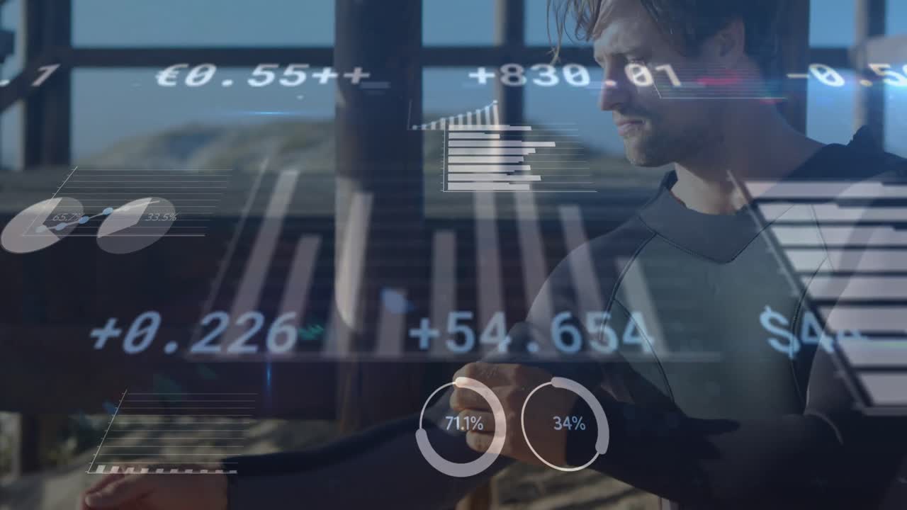 Animation of digital data processing over caucasian surfer