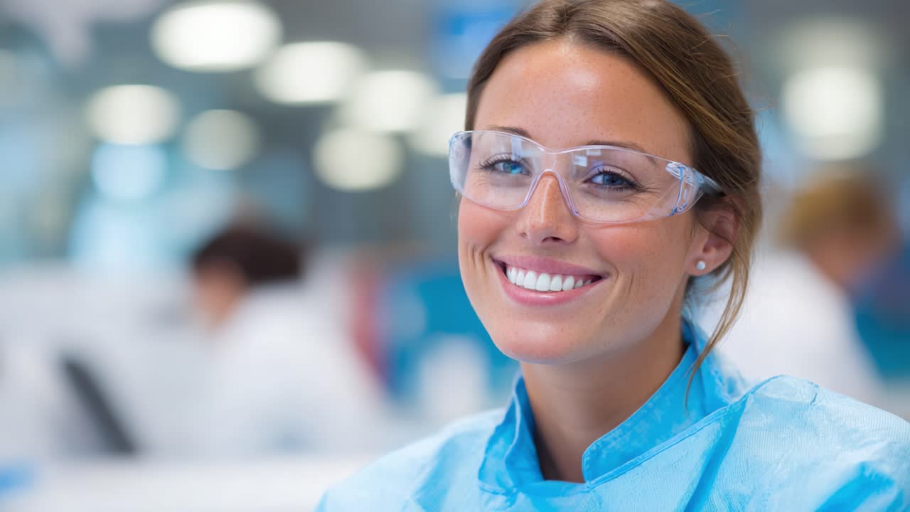 Selbstbewusstes medizinisches Fachpersonal lächelt im Laborumfeld, zeigt ein freundliches Auftreten und ist bereit für wissenschaftliche Arbeit in einer High-Tech-Umgebung.