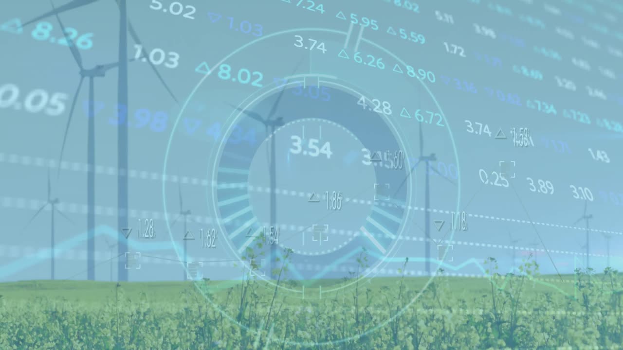 주식 시장 데이터 처리의 애니메이션과 초원에서 회전하는 풍차에 대한 둥근 스캐너