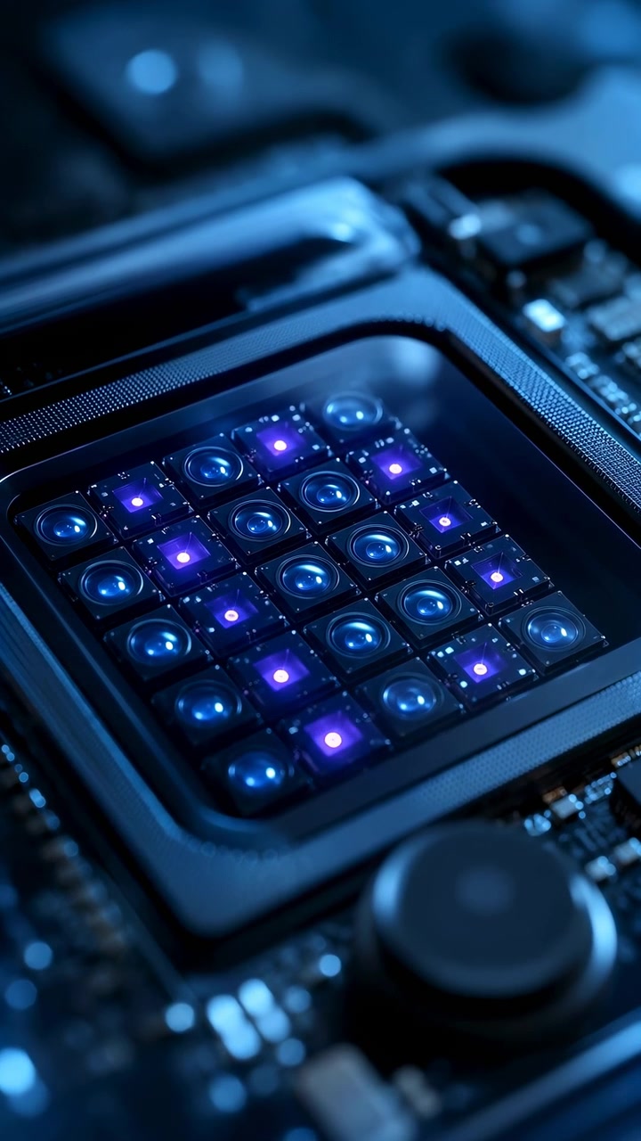 Close view of semiconductor component reveals changing points of blue and violet illumination across circuit board surface with dark background, reflective materials, and precise centered composition.