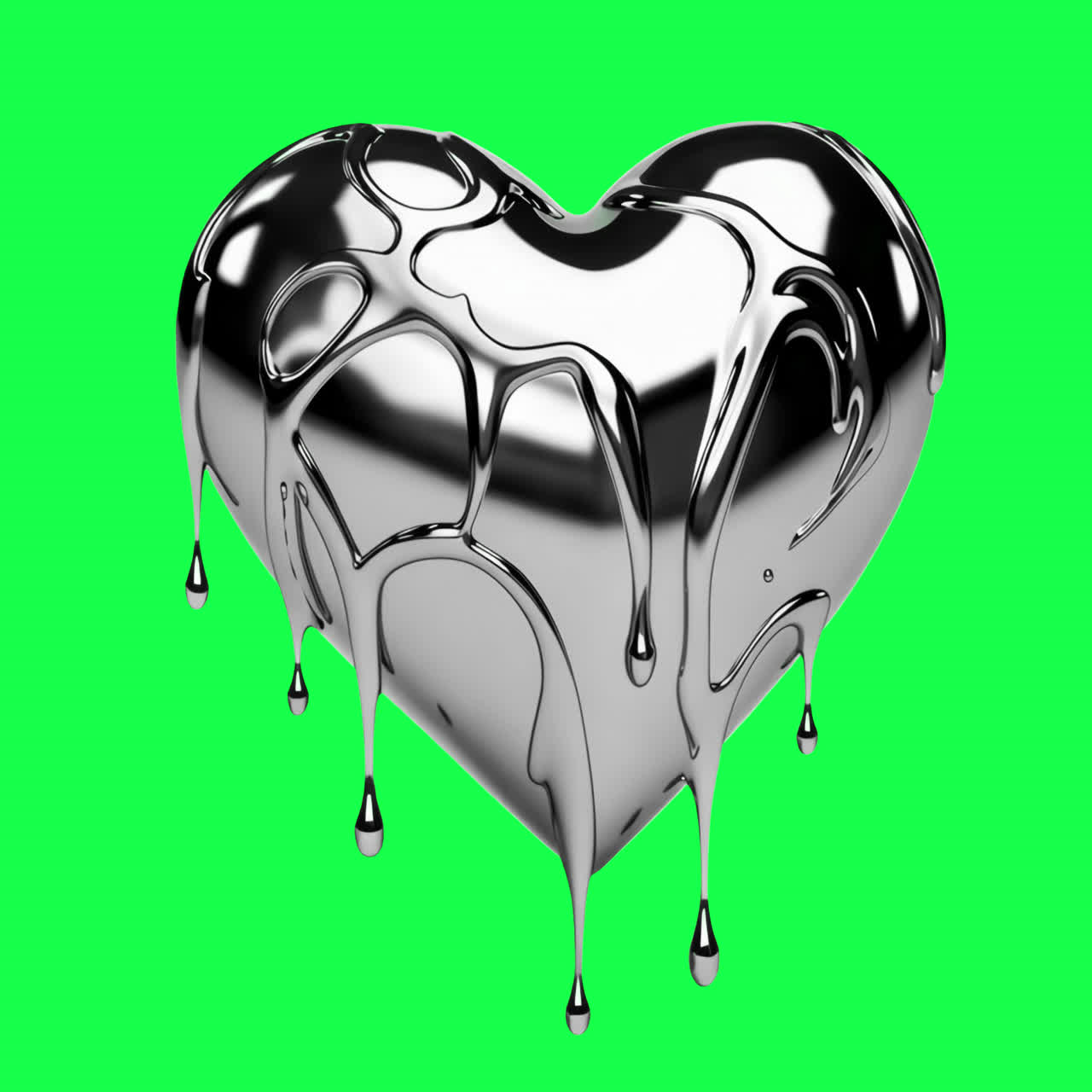 Melting silver heart animation isolated asset, transparent 4K video, alpha channel, ProRes 4444