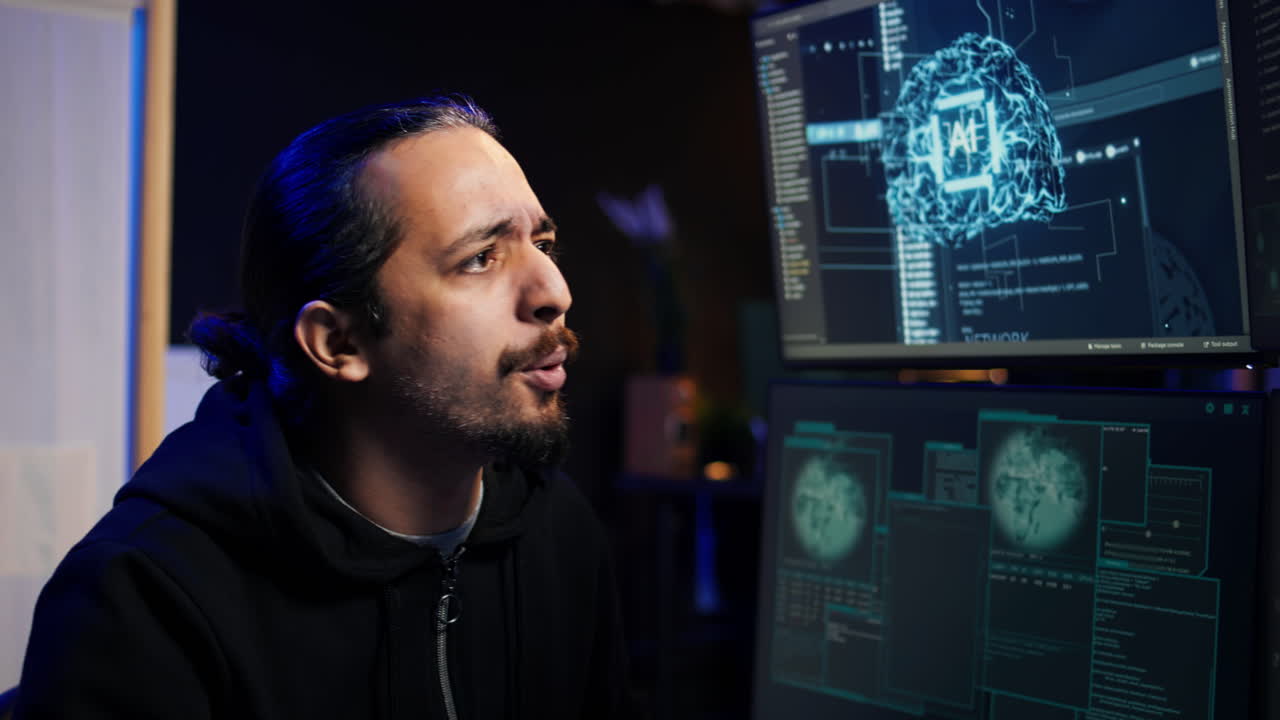 Close up of scammer using artificial intelligence to compromise digital devices