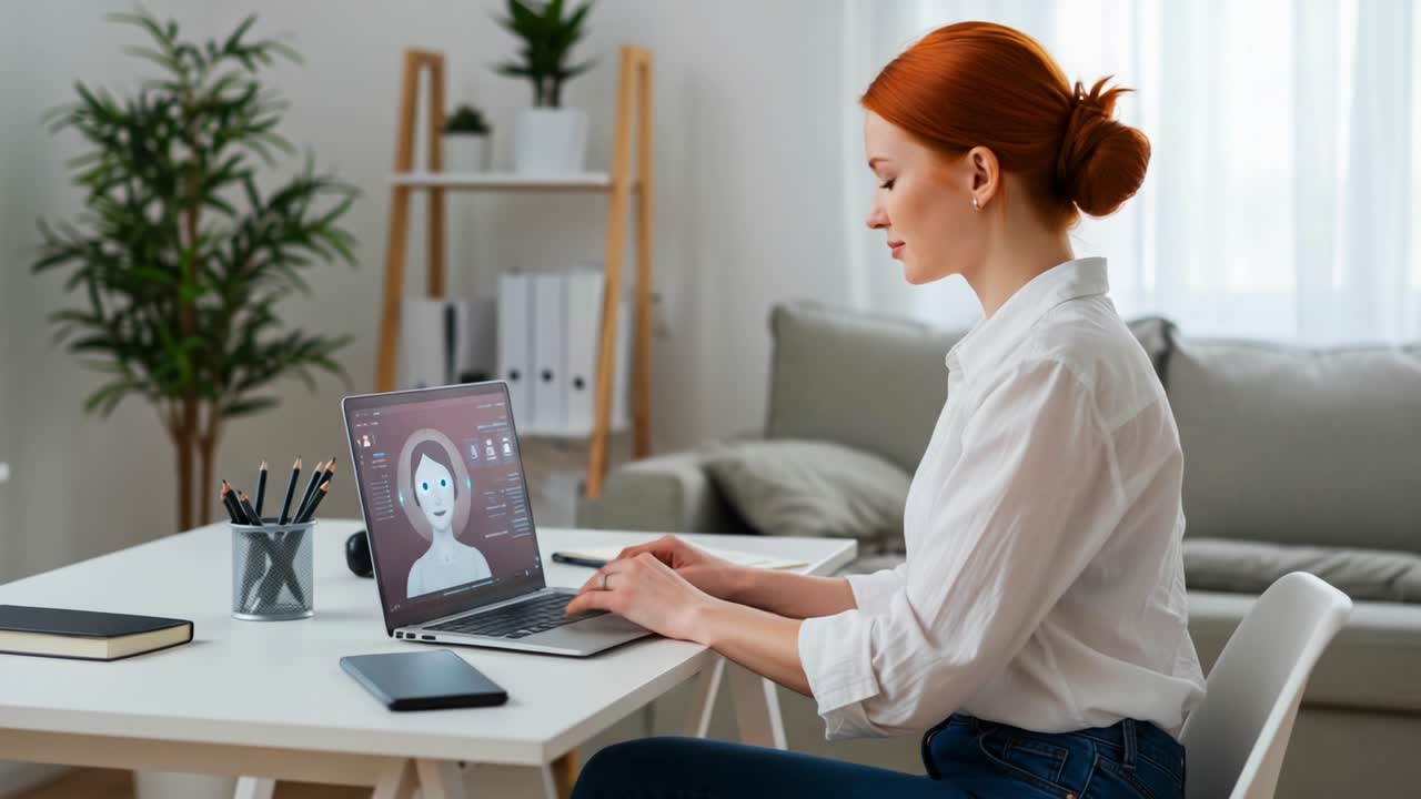 A Woman Engaged in Virtual Interaction on a Modern Laptop, Showcasing Digital Communication and Technology in a Bright Home Office Environment