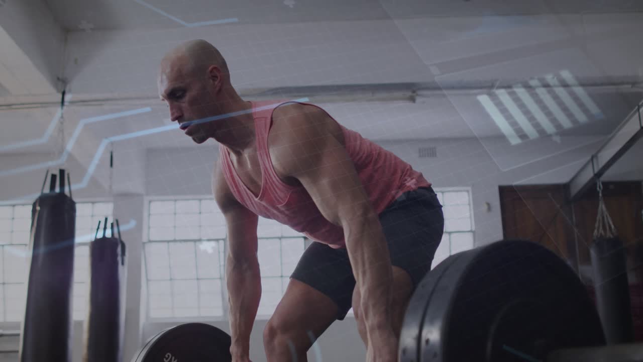 Gripping barbell athlete performing deadlift and row in training with circuit overlay marking form