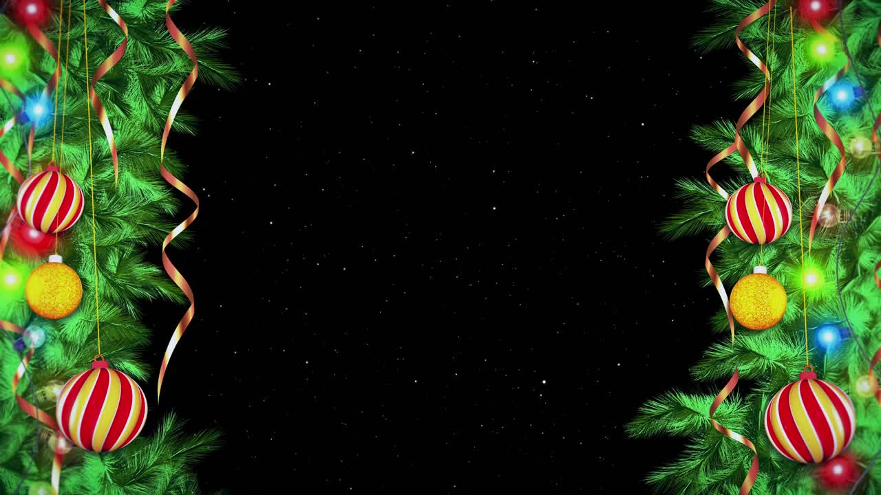 Marco festivo navideño 3D en 4K con copos de nieve, luces parpadeantes, árbol brillante, ramas de abeto y adornos