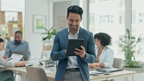 Asian-man,-tablet-and-research-in-meeting