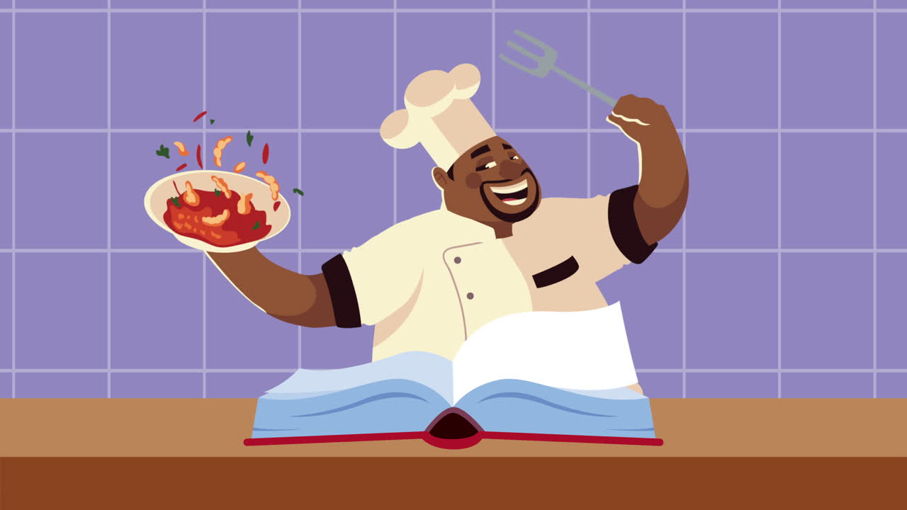 afro chef trabajador con comida y libro de recetas animación de personajes de cómics