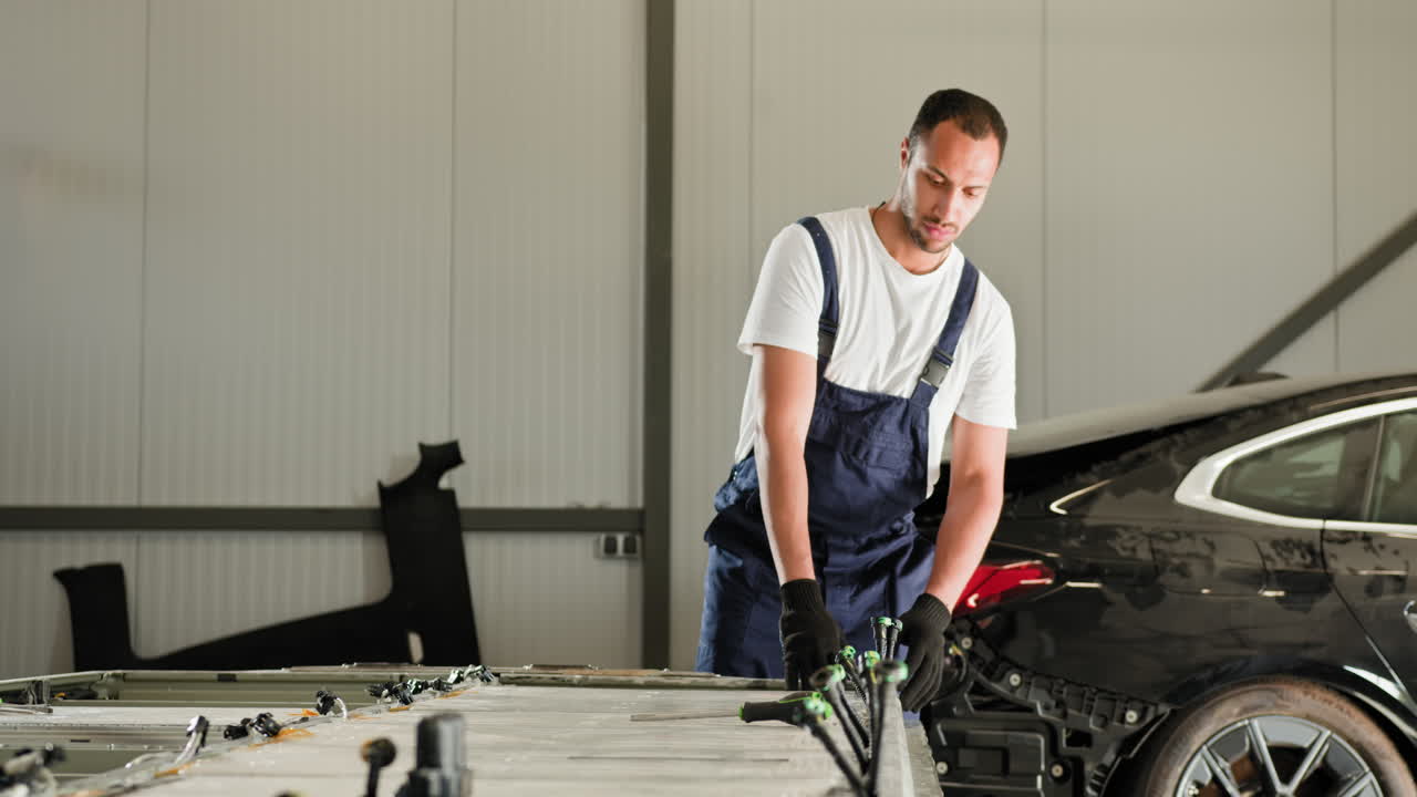 mecánico de automóviles reparando una pieza de automóvil en un garaje