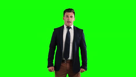 animación de un hombre caucásico en traje hablando en un fondo verde