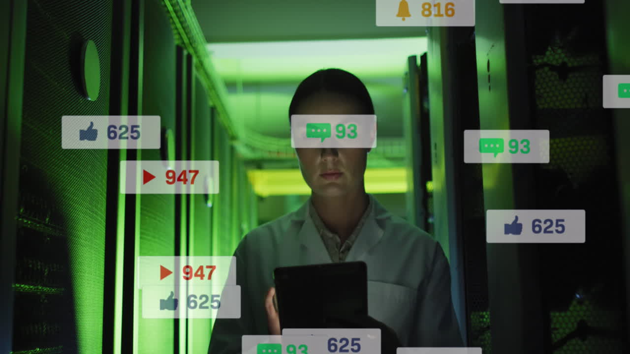 animación de iconos de redes sociales sobre una ingeniera caucásica que usa una tableta digital en la sala del servidor