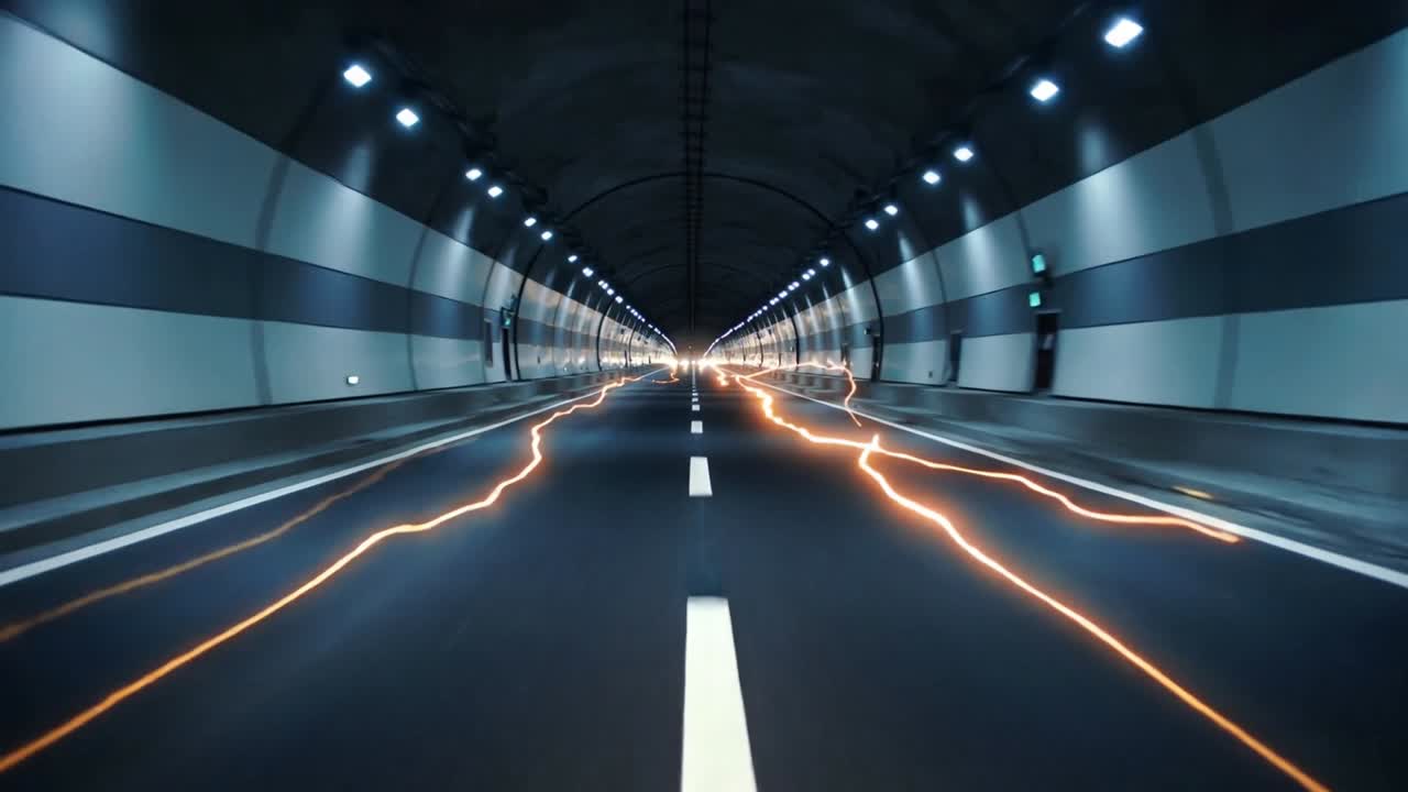 Emerge un faro distante, inviando strisce arancioni verso la telecamera lungo la corsia centrale in un tunnel.