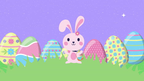 feliz tarjeta animada de pascua con conejo y huevos pintados en el campamento