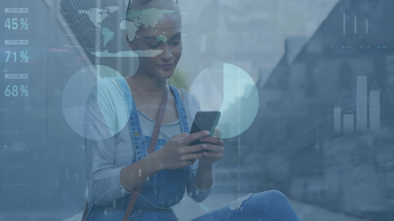 Animation of infographic interface, short hair biracial woman with coffee chatting using cellphone