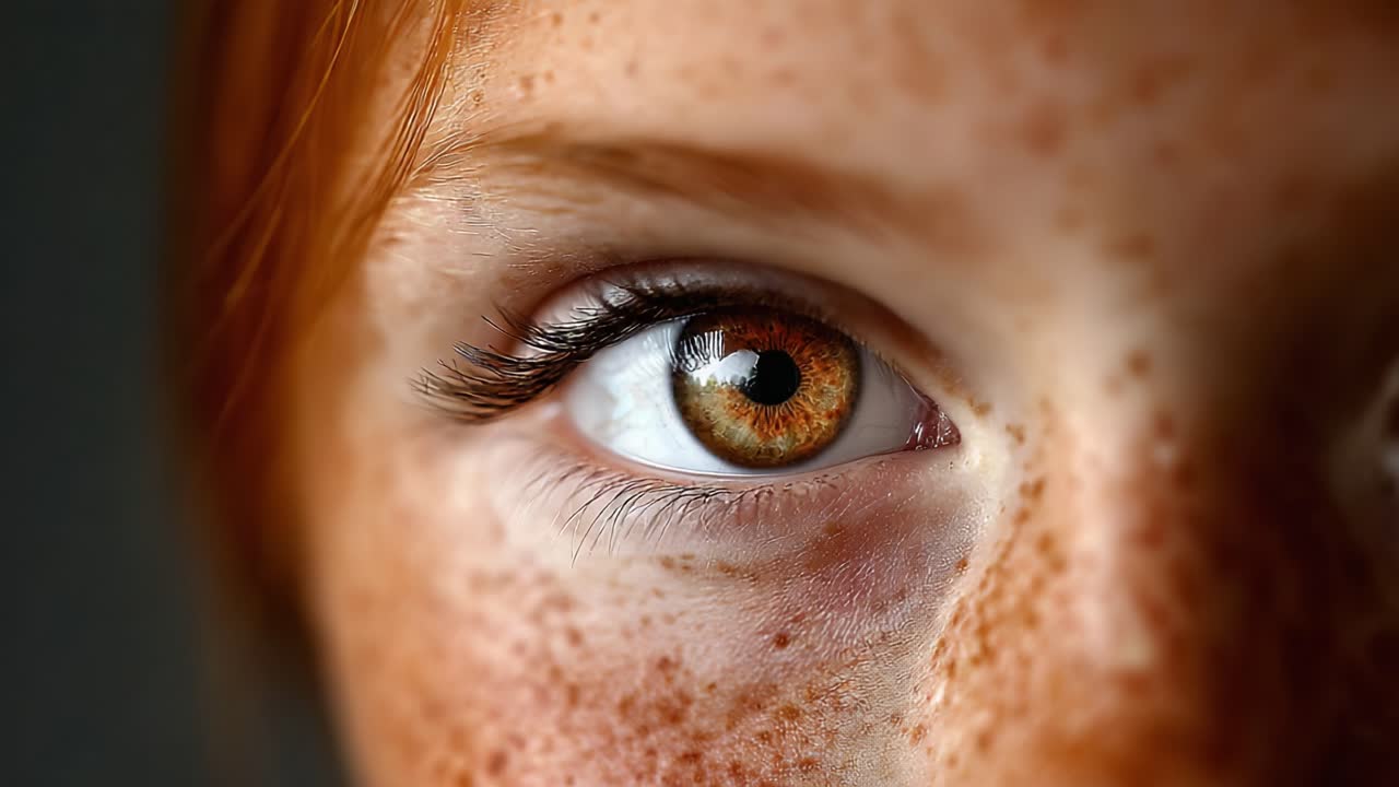 A Stunning Close-Up of a Young Person's Eye Transitioning from Alertness to Calmness: Captivating Details of Freckles and Eyelashes Shine Through