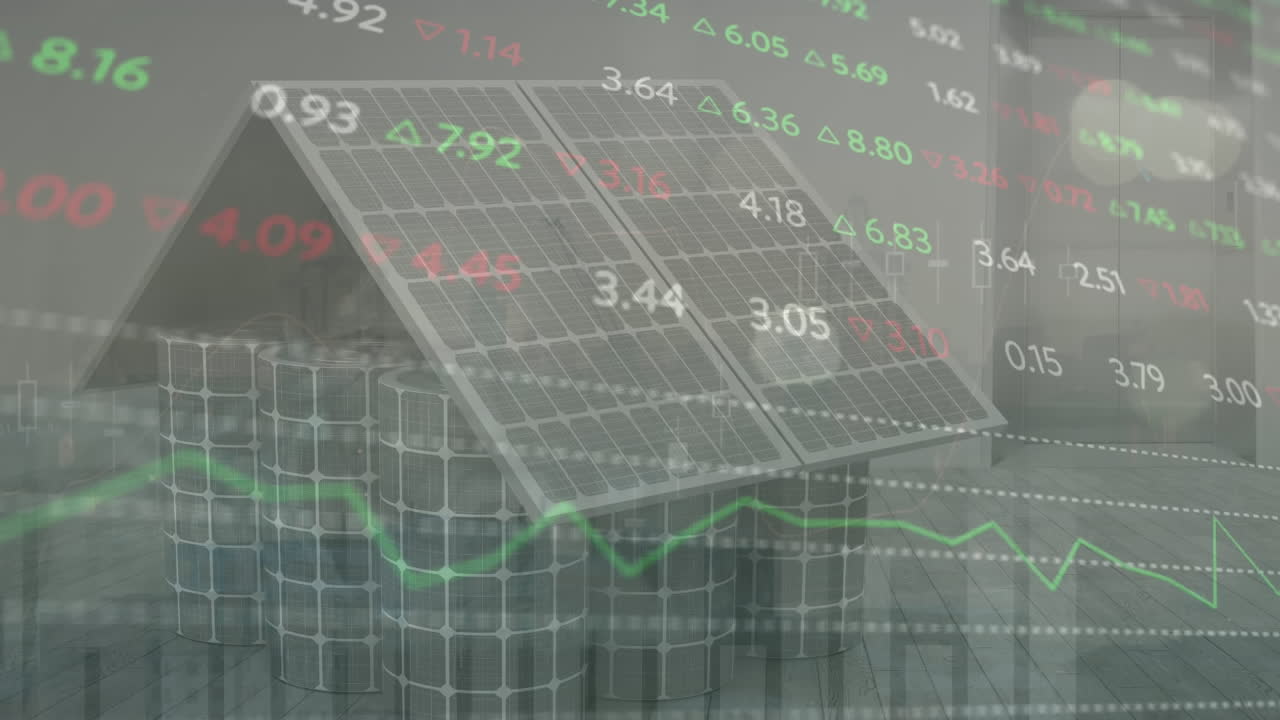 그래프의 애니메이션과 태양 패널과 배터리로 만든 집 위의 거래 보드