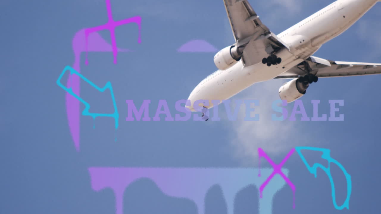 Flying airplane with animation of Massive Sale text and colorful graphics