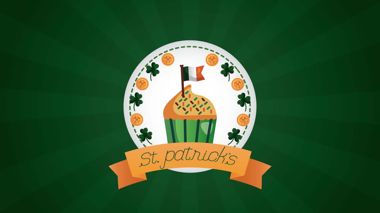 carta animata del giorno di san patrizio con cupcake e bandiera irlandese