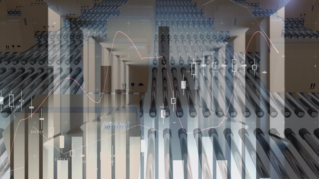Animation of statistics recording over cardboard boxes on conveyor belts