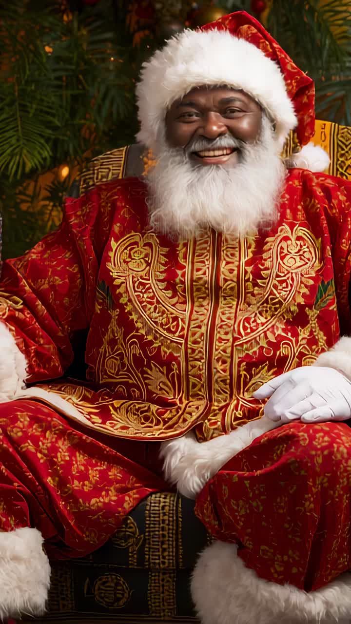 Vertical video: Smiling Santa reacting to offscreen cue at holiday set, with ornate suit and gloves