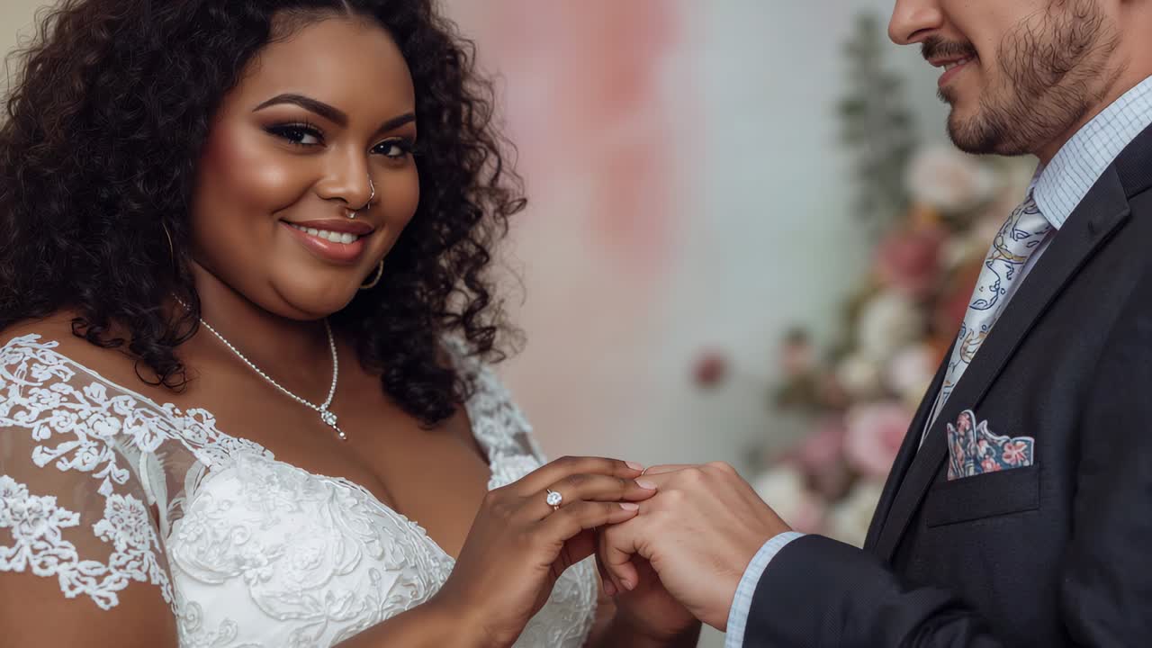 Smiling bride in gown placing wedding ring on groom's finger at ceremony as vows prompt, tie