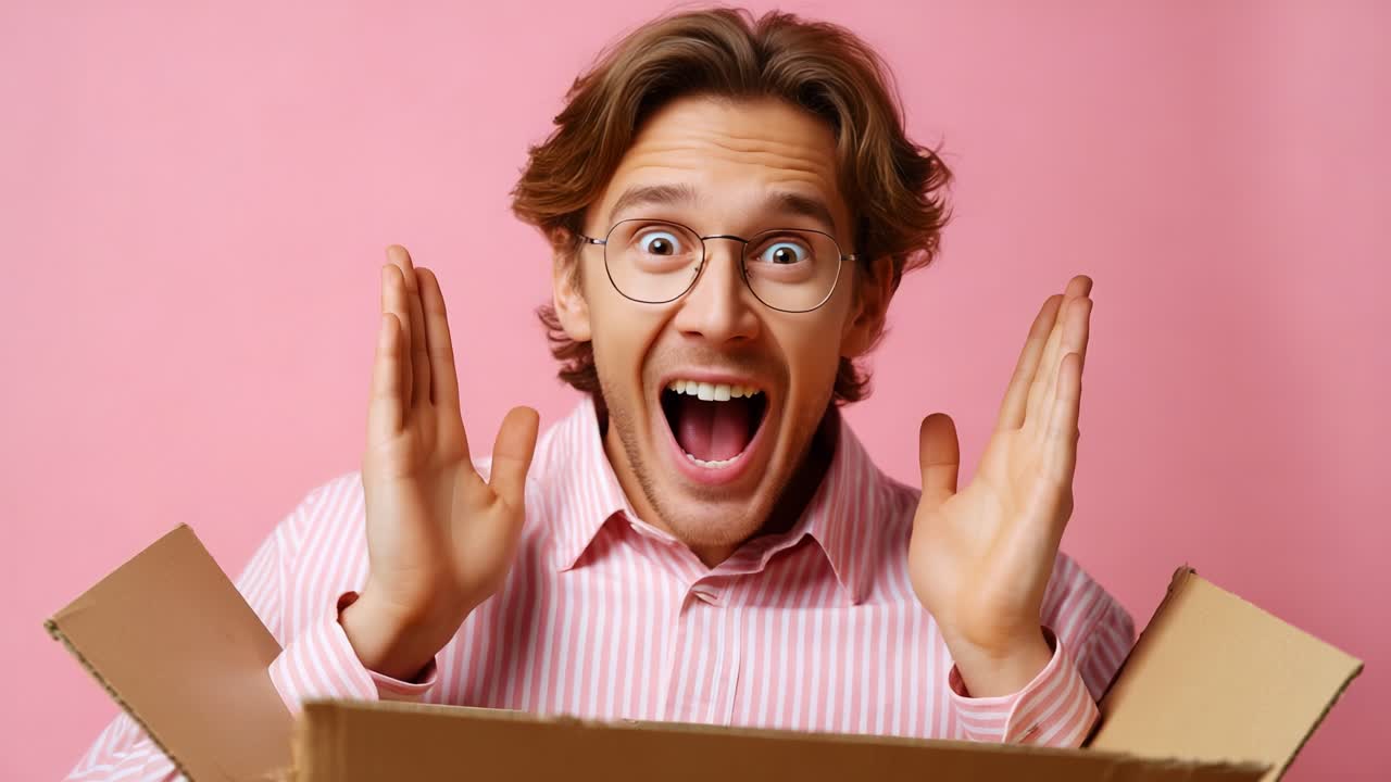 Surprise and Excitement Unveiled: A Young Man's Journey from Shock to Joy as He Opens a Box Against a Bright Pink Background, Capturing Genuine Emotion and Delight