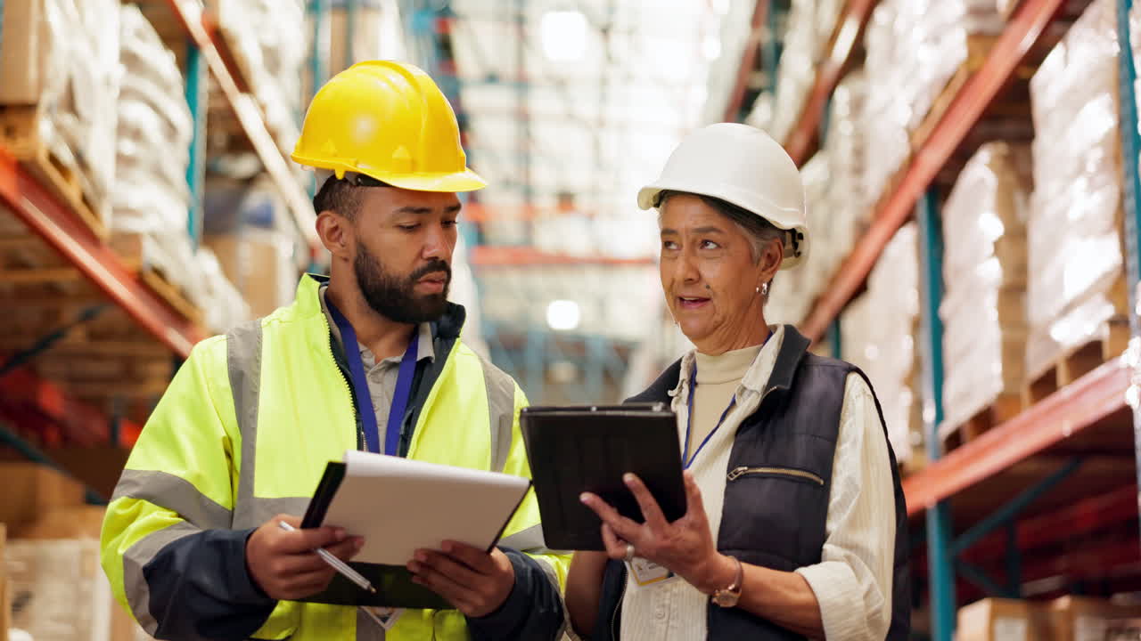 trabajadores del almacén inspeccionando el inventario