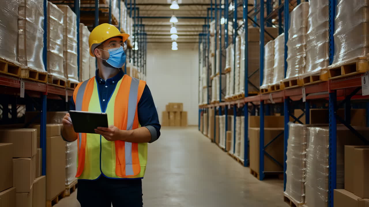 Magazziniere che controlla l'inventario con tablet e mascherina