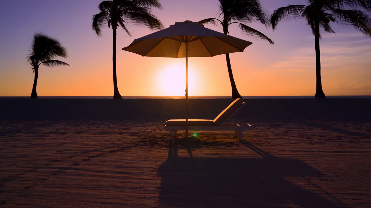 Tropical Sunset Beach Scene with Palm Trees and Umbrella