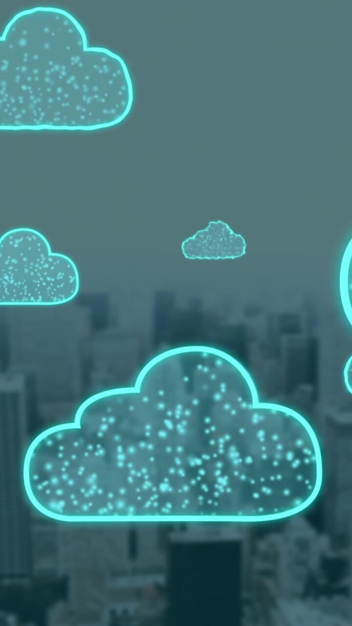 Animation of digital clouds flying over cityscape