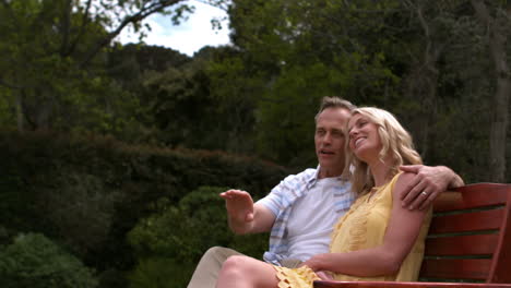 affectionate couple sitting on bench