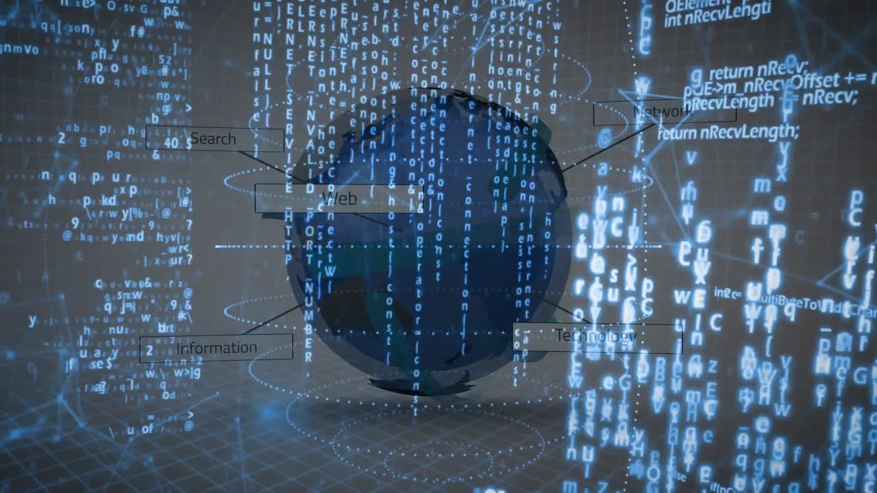 On scene load navy 3D globe rotating, growing, showing code streams and labels forming network