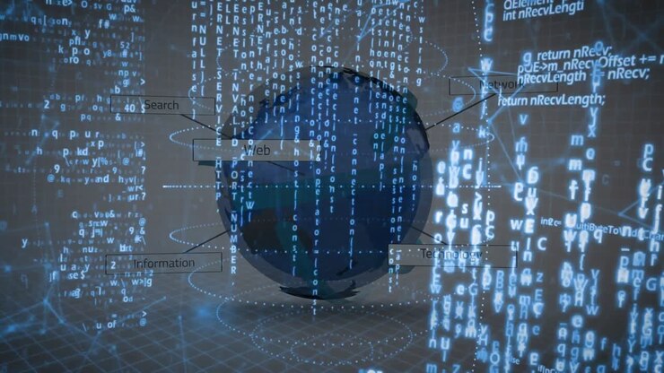 On scene load navy 3D globe rotating, growing, showing code streams and labels forming network