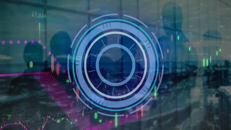 Animation-of-financial-data-processing-and-scope-scanning-over-cityscape