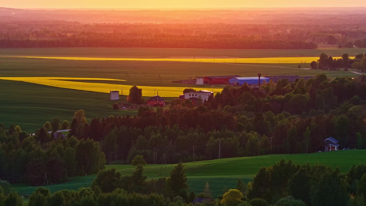 Landlig gård og rapsmark i det levende lys fra en smuk diset solnedgang, luftfoto.