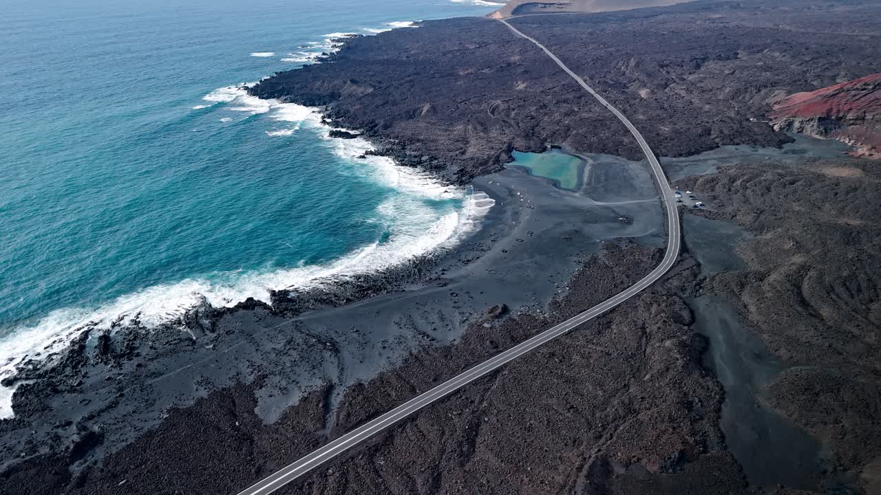 Stunning coastal aerial drone footage from Timanfaya National Park in Lanzarote, Canary Islands, Spain.