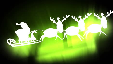 Santa-claus-in-sleigh-being-pulled-by-reindeers-against-green-spot-of-light-on-black-background