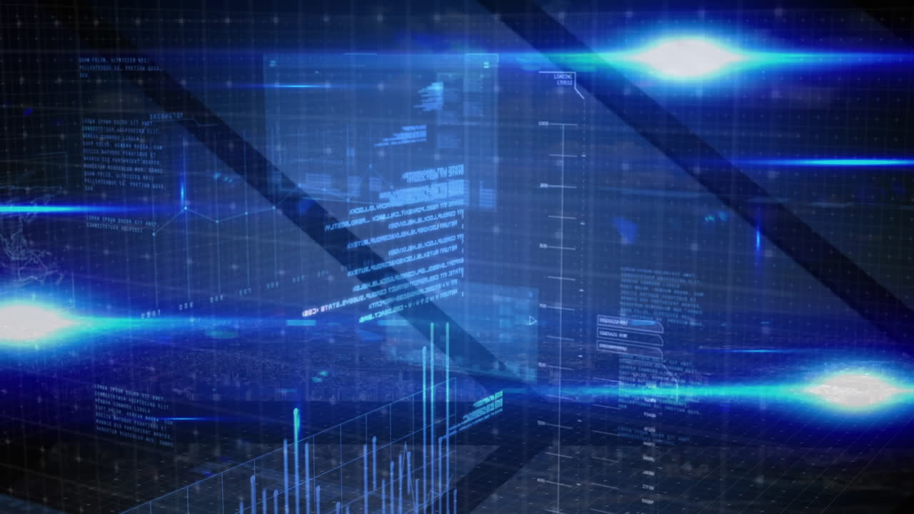 Animation of data processing over cityscape background