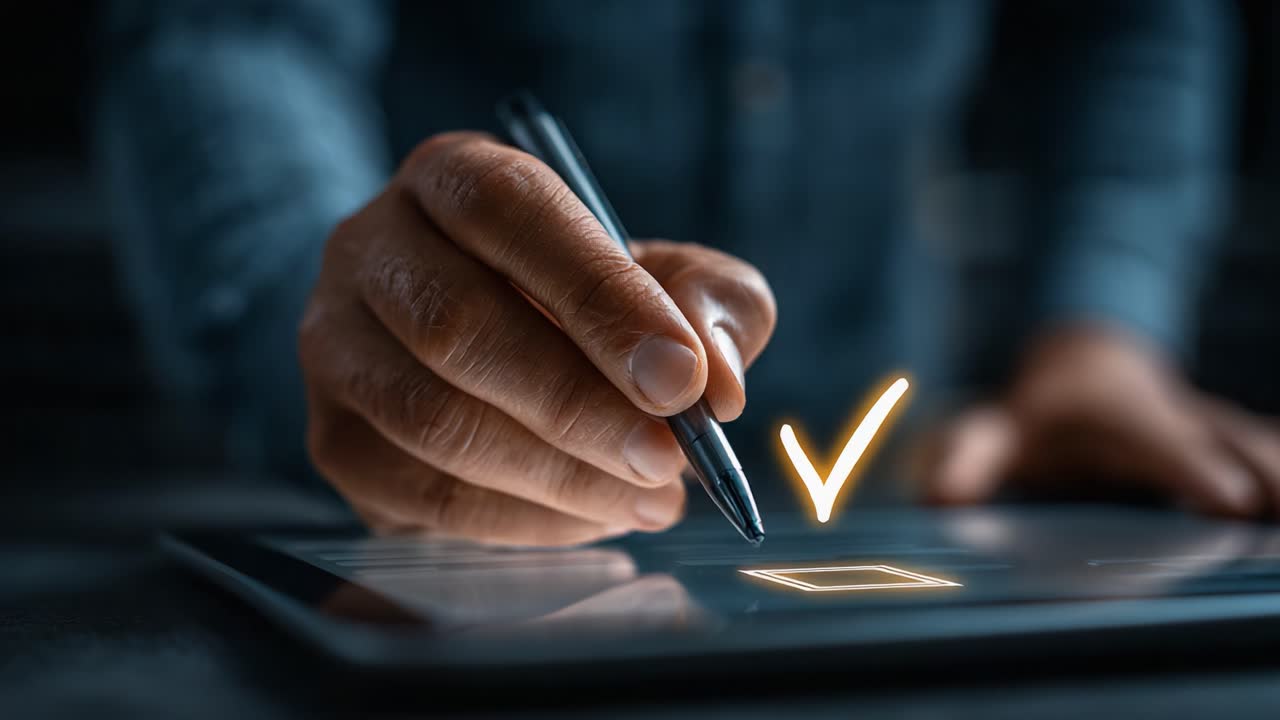 A Close-Up of a Hand Using a Stylus to Check Off a Digital List on a Tablet, Emphasizing the Ease of Digital Task Management and Timely Completion